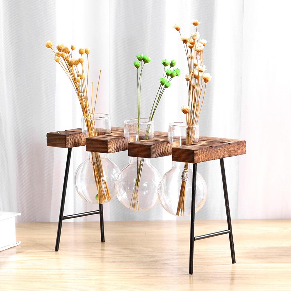 Glas och trä vas plantering terrarium bord skrivbord hydroponics växt bonsai blomkruka hängande krukor med trä bricka heminredning
