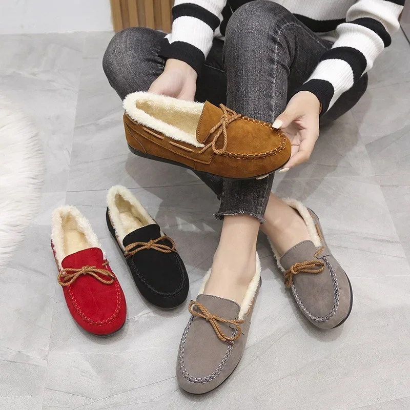 Vinterskor dam casual platta skor dammockasiner mjuka loafers komfort varma plysch rosett slip on dambomullsskor