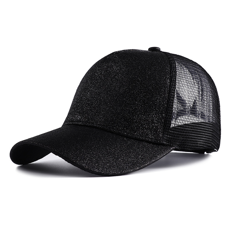 Gorra de béisbol con cola de caballo alta y purpurina para mujer, gorra Snapback informal de malla negra, blanca y rosa, Gorras de camionero para mujer 2023