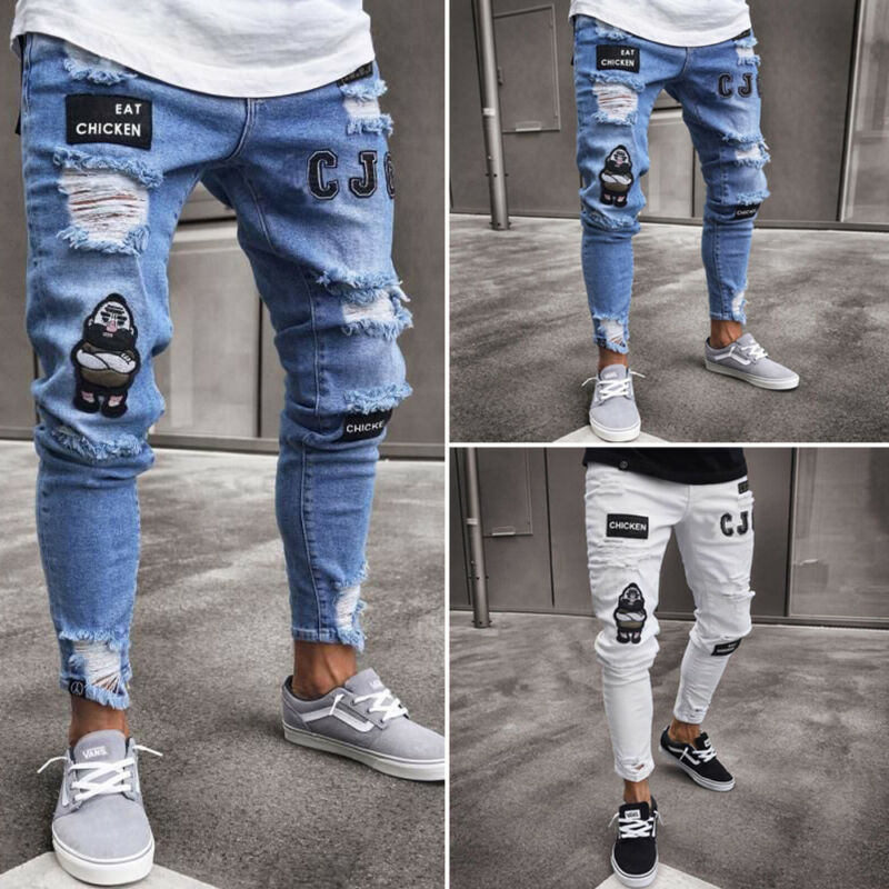 Brand Men Casual Stretchy Ripped Jeans Skinny Biker Jeans Destroyed Taped Slim Fit Denim Pants