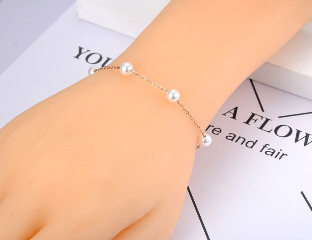 Lokaer Titanium Rvs 5Pcs White Pearl Charm Armbanden Voor Vrouwen Bohemen Zomer Strand Ketting Armband Sieraden B20081