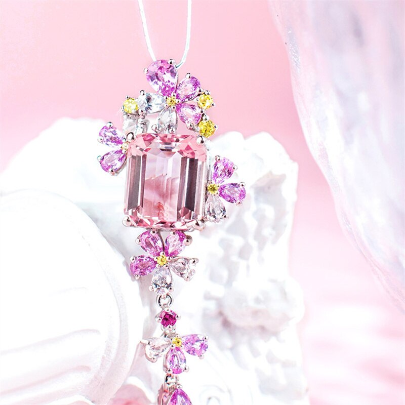 Qtt Sieraden Sky Blue Roze Topaz Hanger Ketting Zilveren Kleur Steen Ketting Hanger Ketting Voor Vrouwen Bruiloft Sieraden: Pink
