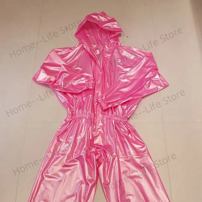 Herren-Gesamt, handgefertigt, rosa, durchsichtiges PVC, wasserdicht, langärmelig, mit Kapuze, regendicht, DJ, Verein, Bar, coole Kostümich