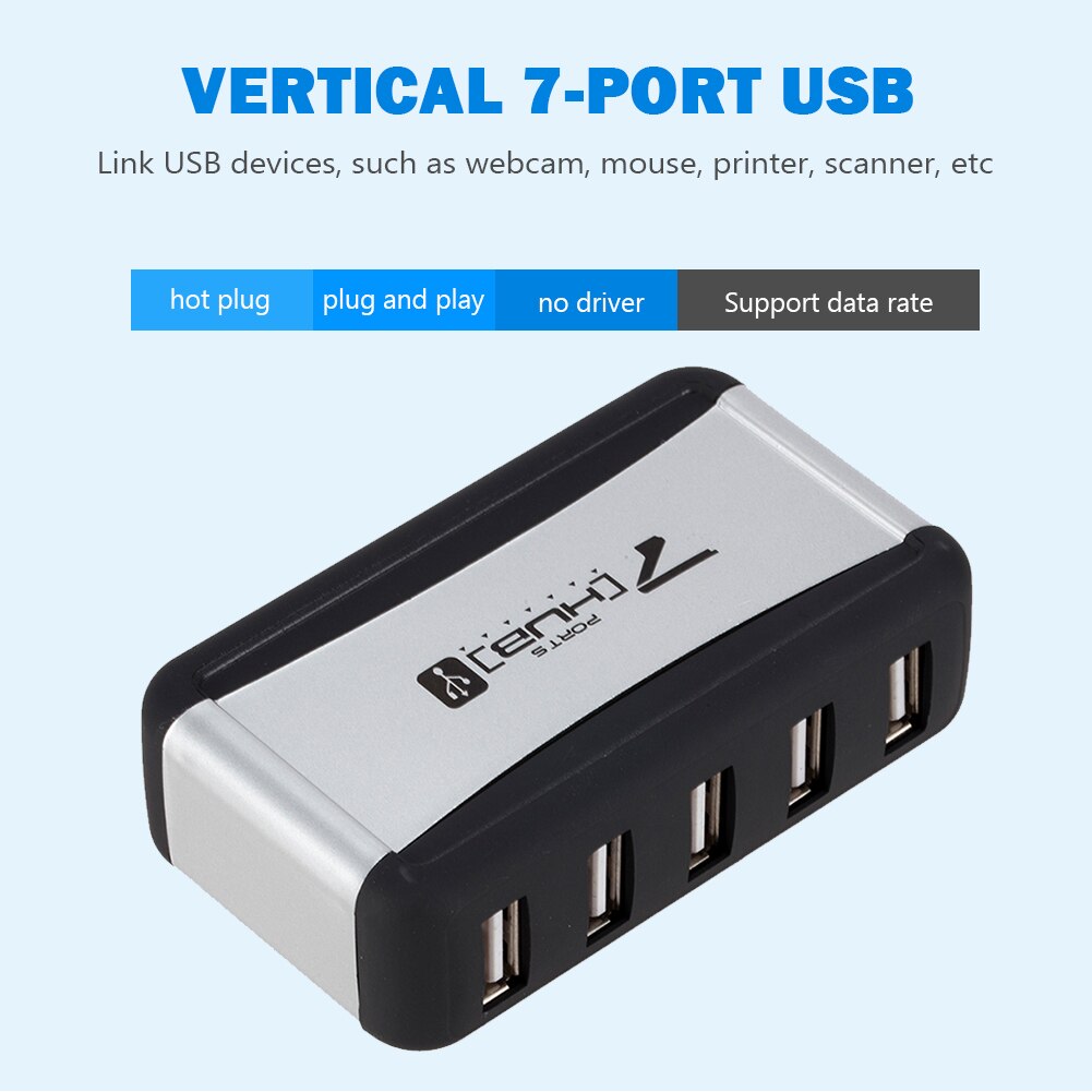 Verticale usb-hub met meerdere 7- poorts usb 2.0- splitters en stroomadapter, 480 mbps usb 2.0- hub voor pc, computeraccessoires, eu/us-stekker