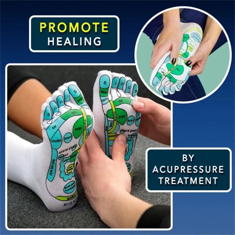 Calcetines de acupresión para fisioterapia, masaje, alivio del cansancio, reflexología, ilustración completa en inglés,