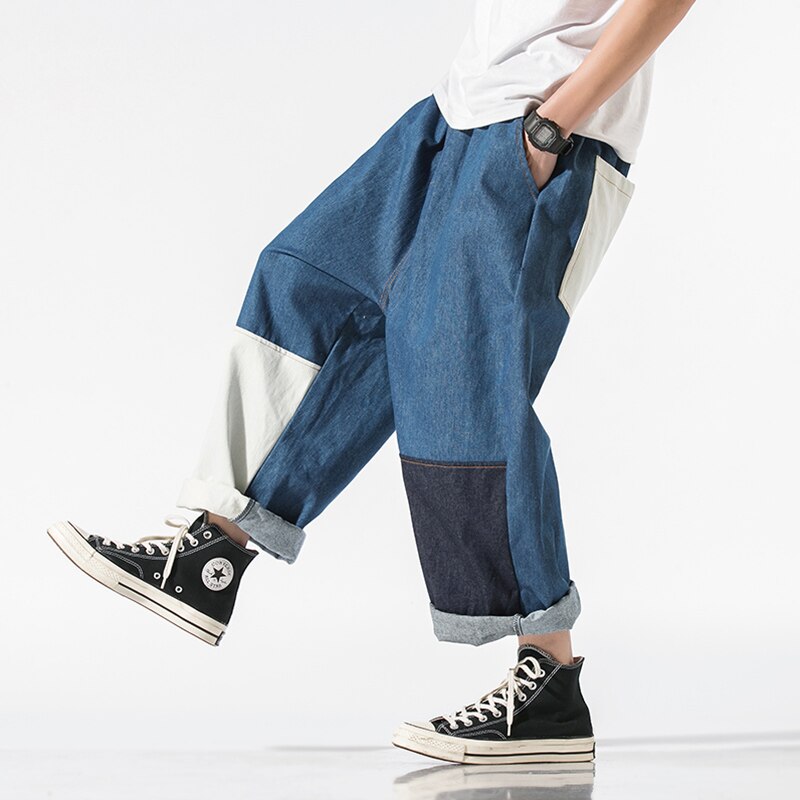 Japanese Streetwear Plus Size Patchwork Jeans Hip Hop Oversized Straight Cargo Pants Harajuku Denim Pants Men Clothing