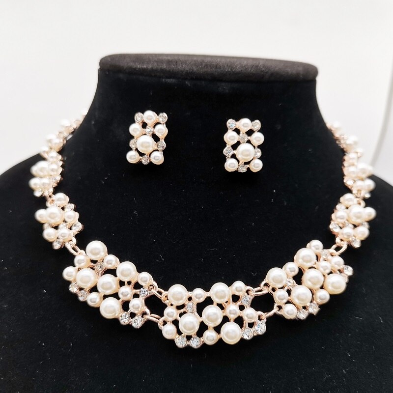 Simple Imitation Pearl Bridal Jewelry Crystal Necklace Earrings for Girl Party Rhinestone Engagement Jewelry Sets