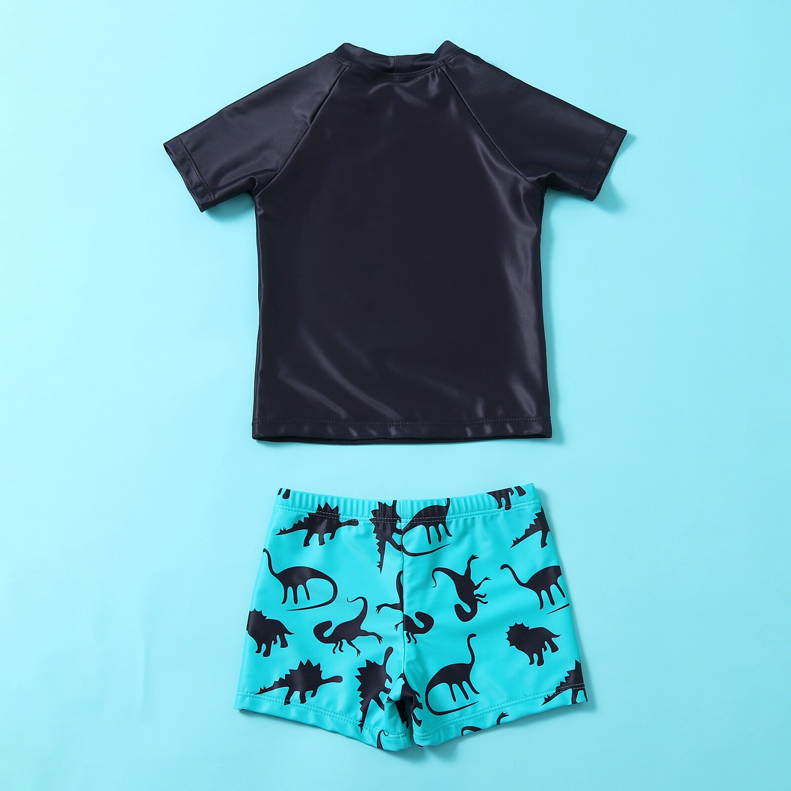 Boy’s Cute Two Piece Split Swimsuit Unique Letter Printed Short Sleeve Tops and Cartoon Dinosaur Shorts