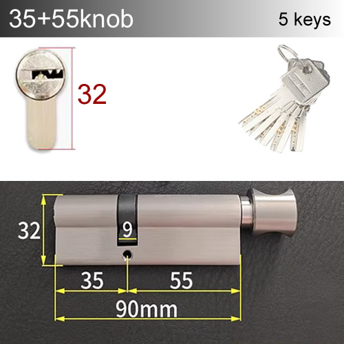 Round handle knob Lock Cylinder height 32mm Length 60-110mm with 5 keys Copper material rust-proof Suitable for wooden doors: transparent