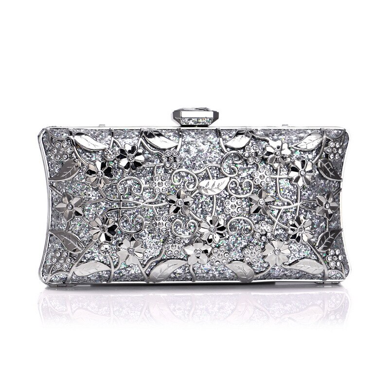 Diamanten Luxe Vrouwen Dag Clutch Hollow Out Metalen Wedding Party Avondtassen Met Ketting Schouder Handtassen Purse: Zilver