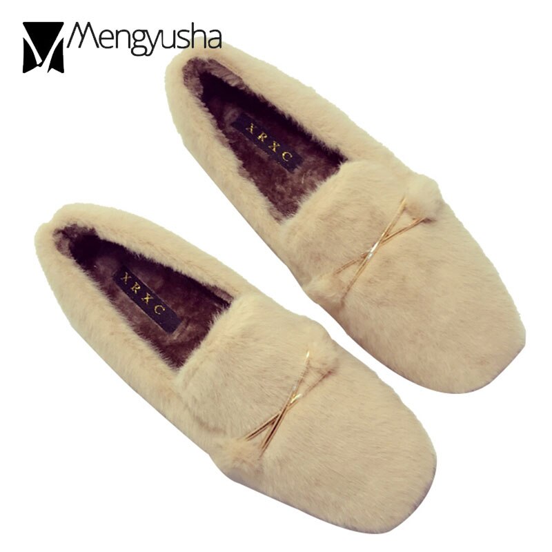 hairy mules square toe metal decoration slip on loafers women falling winter plush flats fur creepes moccasins schoenen vrouwC77