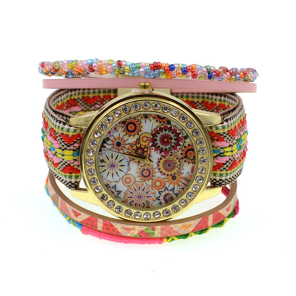 Wellmore stijl bohemien kleurrijke kralen met leren armband horloge & casual quartz polshorloges voor vrouwen
