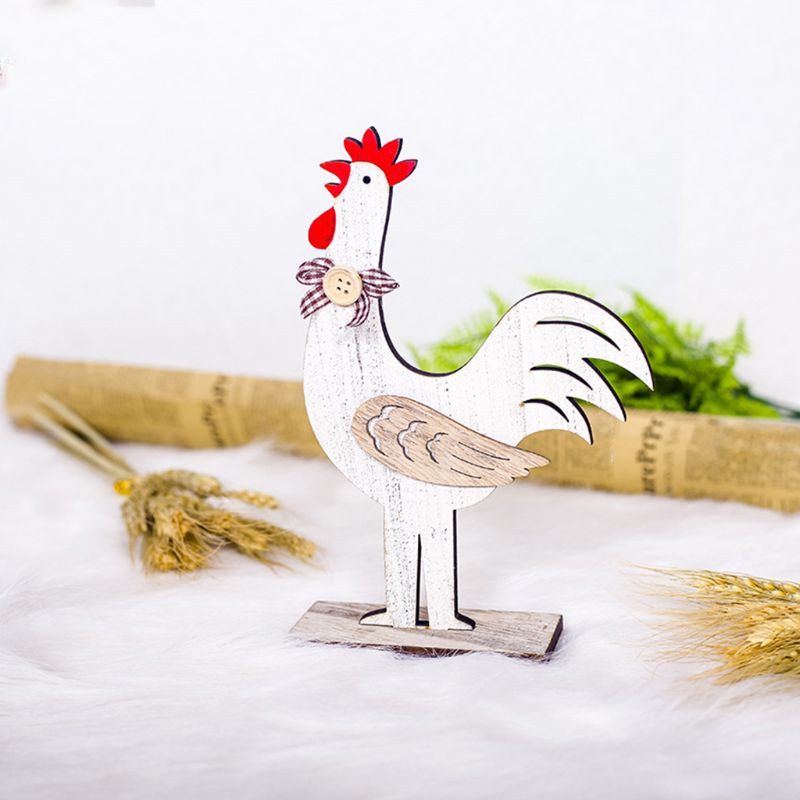 Wooden Rooster Hen Shape Chicken Easter Egg Crafts Decorative Ornament G32A
