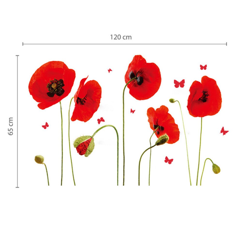 Graphics Wall Sticker PVC Window Ornament Red Poppy Flowers Butterflies