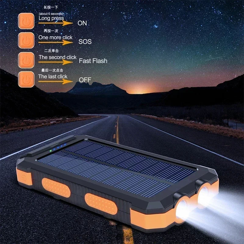 200000mah Portable Solar Power Bank Powerful Charging Powerbank External Battery Charger Strong Light LDE Light for Xiaomi Phone