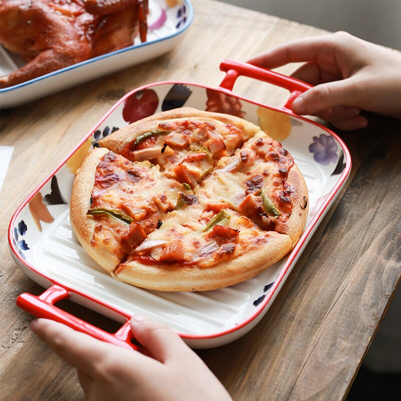 Japanese-style Art Ceramic Binaural Baking Tray Microwave Oven Dedicated Home Kitchen Baking Cheese Plate Western Food Tableware