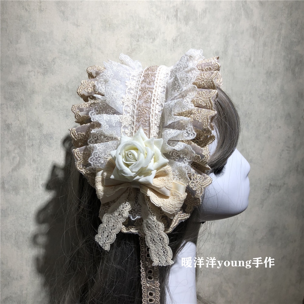Beige Serie Lolita Meisje Boog Kant Rose Haarband Handgemaakte Japanse Retro Borduren Elegante Prinses Hoofdband Haaraccessoires