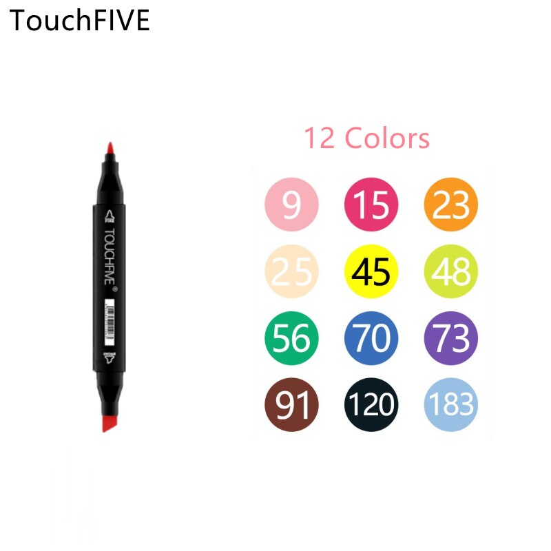 TouchFIVE-rotuladores de fieltro con Alcohol, bolígrafos de doble punta permanente para artista, suministros escolares de arte, marcadores para bocetos de Manga, 30/40/60/80: 12 Colors