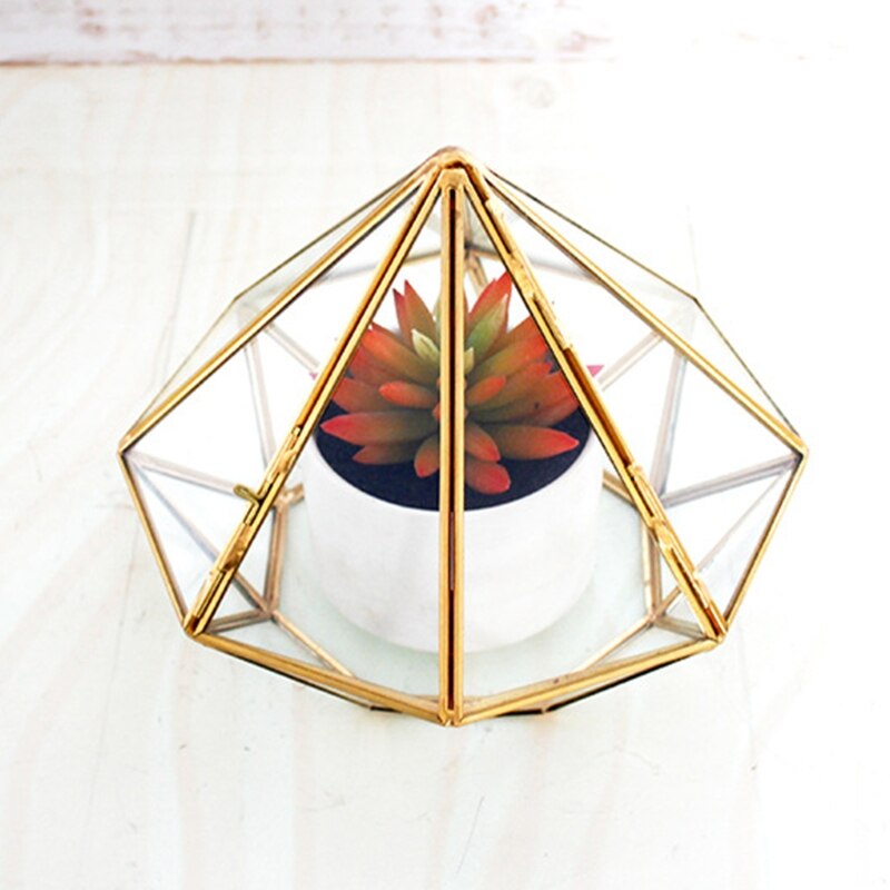 Handmade Gold Open Glass Geometric Terrarium Brass Diamond Succulent Fern Moss P