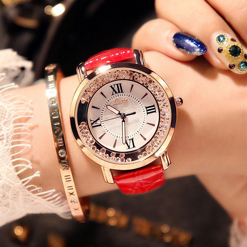 Ladies Watch PU Leather Watches Women Rhinestone Quartz Wristwatches