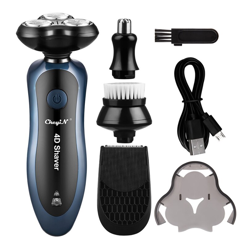 4 em 1 máquina de barbear elétrica 3 lâminas barbeador barba navalha nariz aparador cabelo clipper recarregável escova de limpeza facial para homem: Default Title