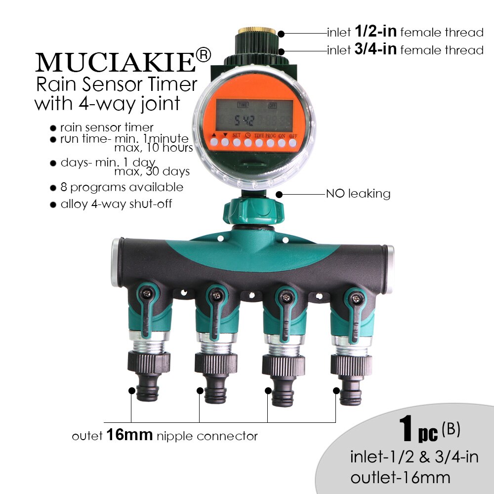 MUCIAKIE Automatic Rain Sensor Water Timer Alloy 4-Way Shut Off Electronic LED Display Garden Watering Controller Irrigation