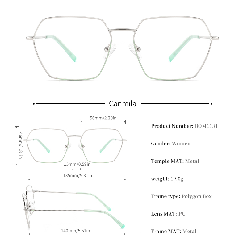 Monturas de gafas grandes de Metal ultraligeras para mujer, anteojos ópticos Vintage con prescripción de miopía, polígono, Canmila BOM1131