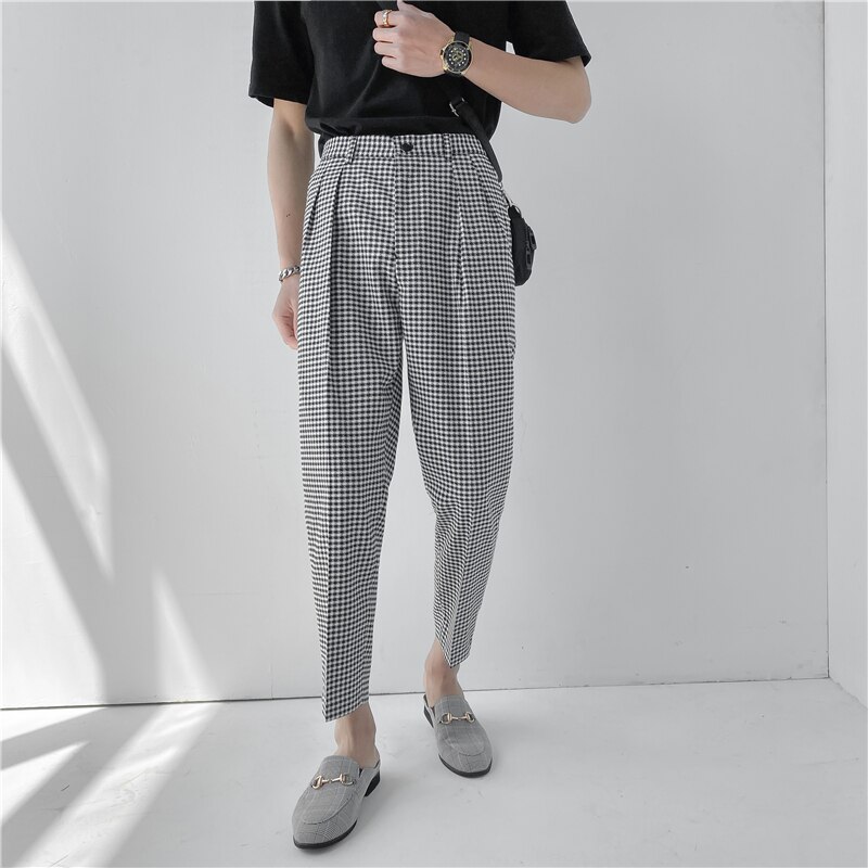 Pantalones de traje de pata de gallo para hombre, pantalón corto informal de estilo británico, cintura elástica, a la , para Social, Classique