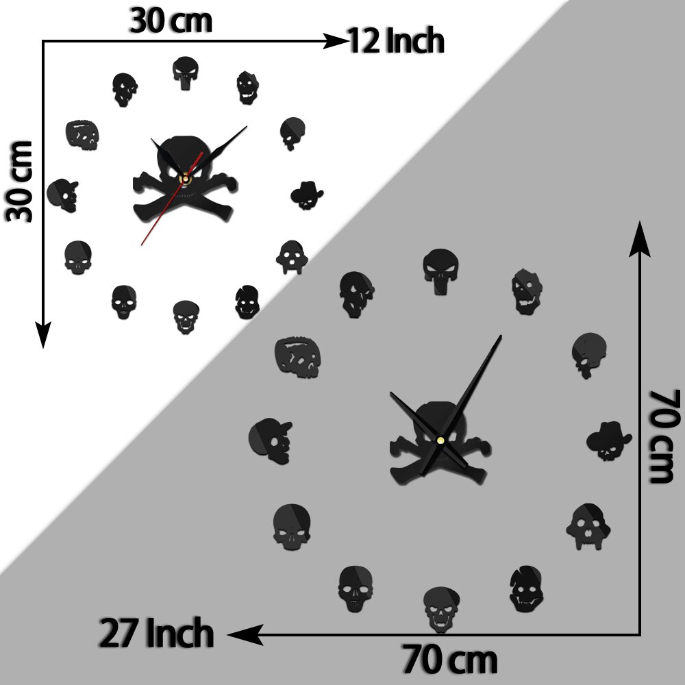 tot Skelett Schädel Selbst Klebe DIY 3D Riesen Wanduhr Verschiedene Schädel Köpfe Quarz Acryl Spiegel Aufkleber Halloween