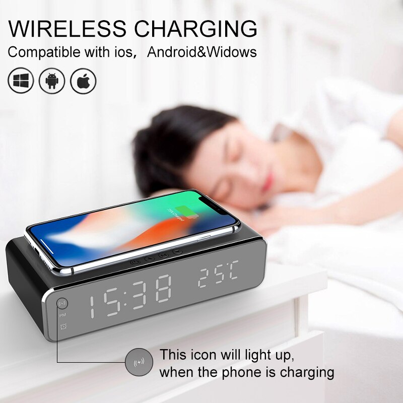 LED Electric Alarm Clock With Phone Charger Wireless Desktop Digital Thermometer Clock HD Clock Mirror With Time Memory