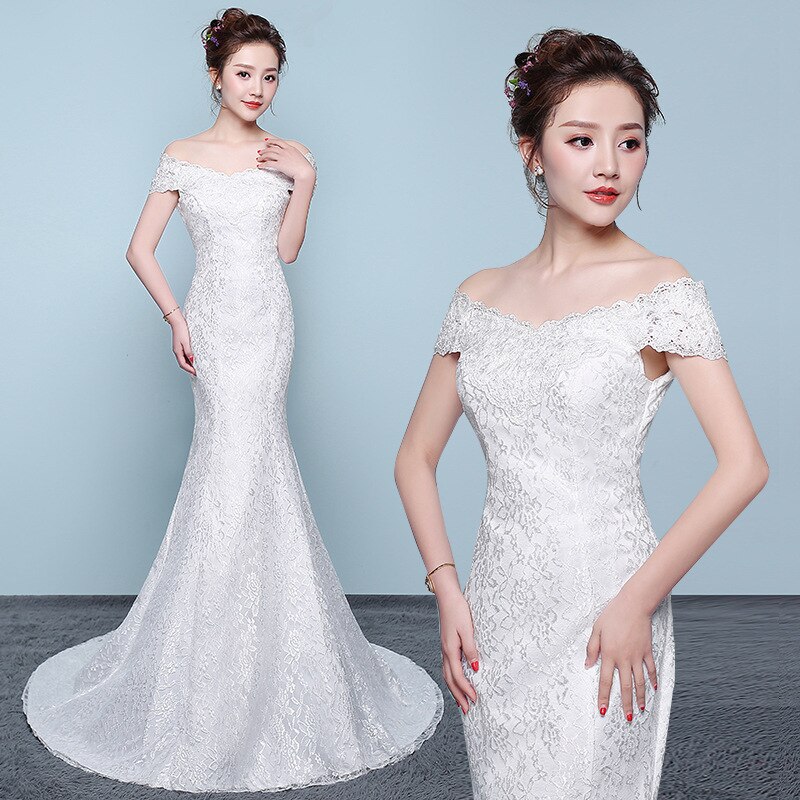 Vestido de noiva luksus havfrue brudekjoler bådhals fra skulder applikationer feje tog snøre op tyl brudekjoler