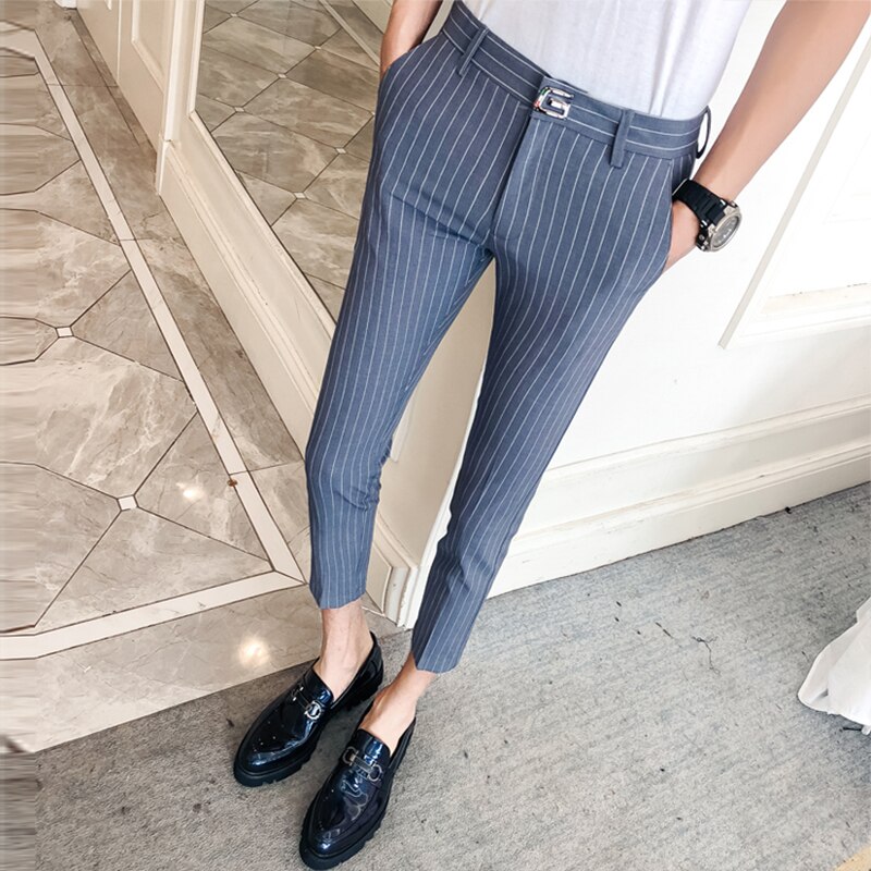 Miesten vapaa-ajan housut raidalliset miehet ohuet housut nilkkapituiset puvut housut ohut mekko miesten vaatteet pantalon homme
