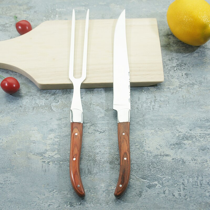 Laguiole-Juego de cuchillos de acero inoxidable para restaurante, conjunto de cubiertos con mango de madera para carne, tenedor de cena, de Navidad, 2 uds. De 11,8 pulgadas