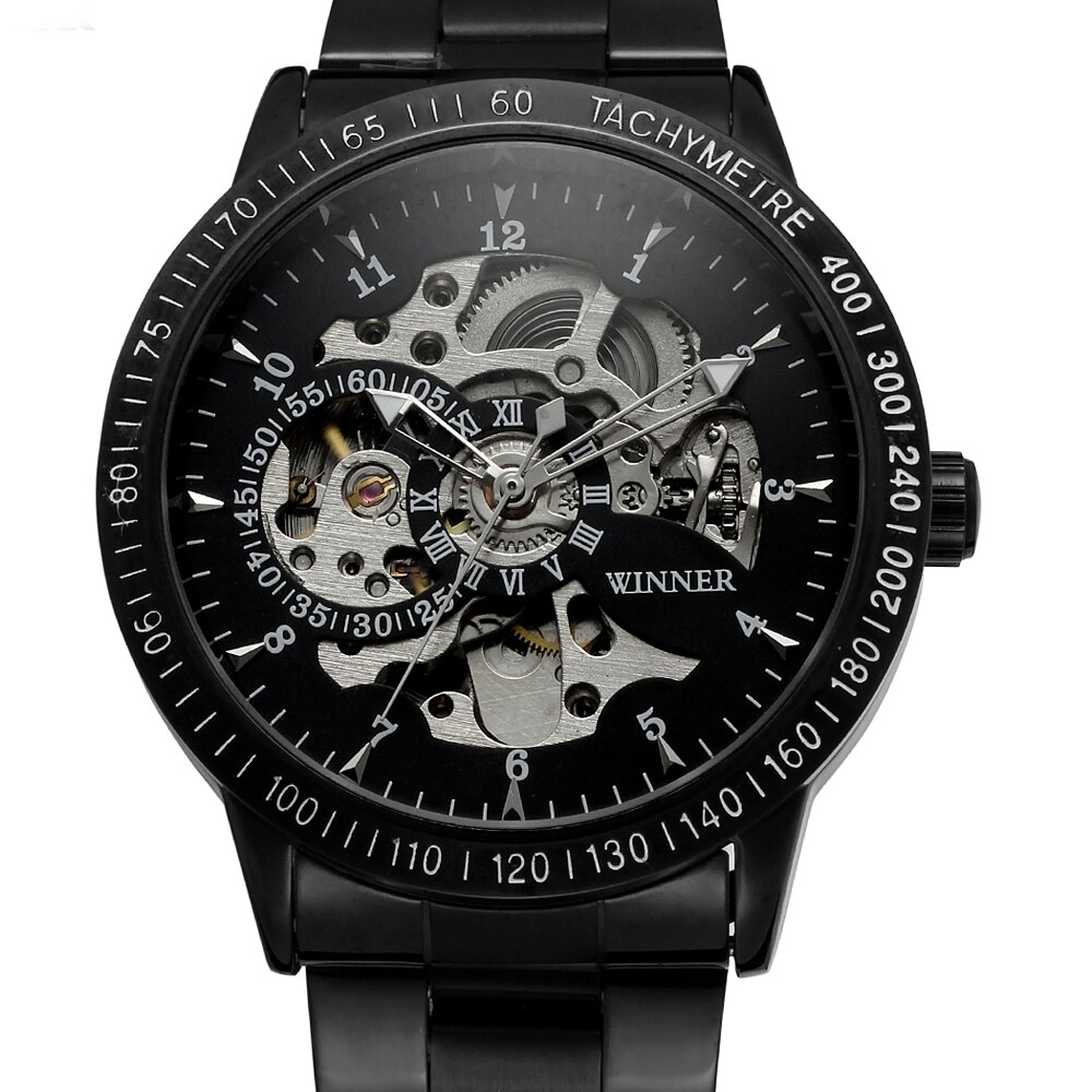 Winnaar Horloges Mannen Beroemde Top Mechanische Horloges Black Roestvrij Stalen Band Automatic Skeleton Horloges Mannelijke Klokken