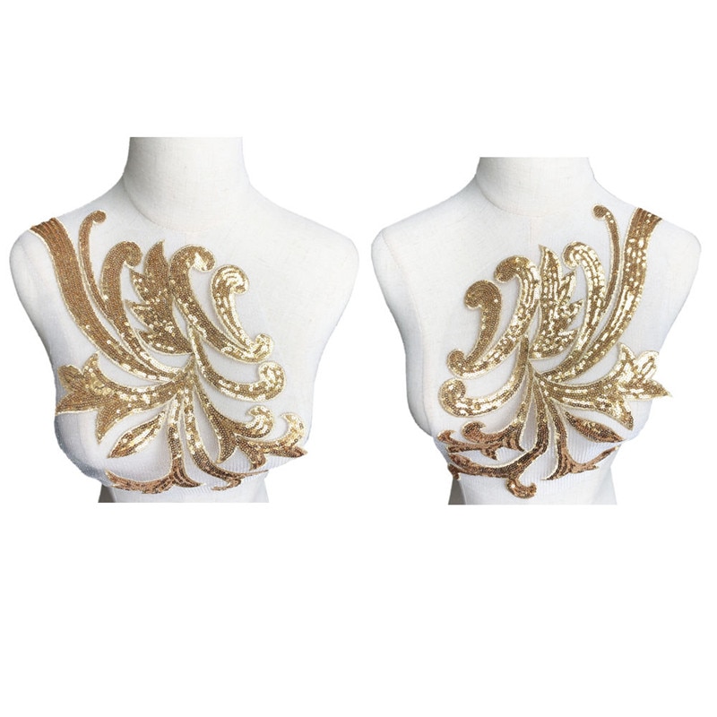 1 set 42cm guld paljetter spets tyg applikationer sy på lappar mesh bröllopsdekoration handgjorda broderier för brudens aftonklänning: 1 uppsättning