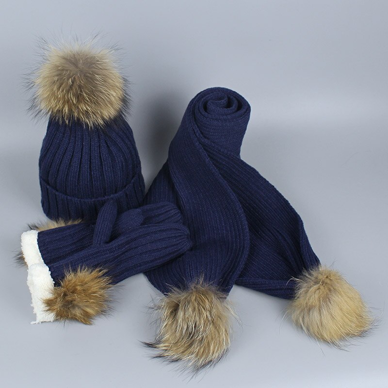 Tredelad uppsättning halsduk mössa och handskar dam skullies mössor pompong boll för att sticka höst och vinter varm randig mössa: D