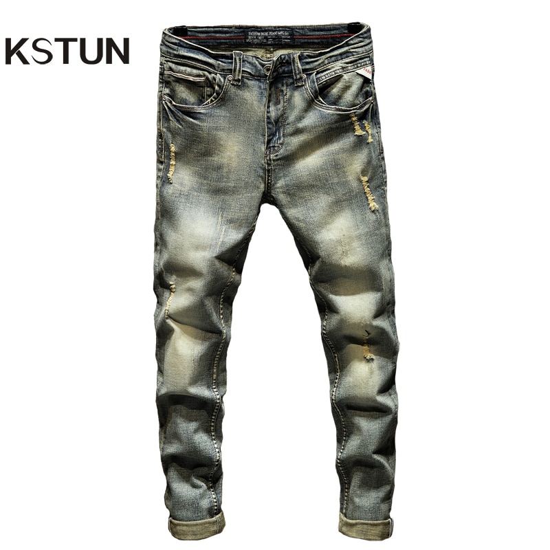 Ripped jeans til mænd slim fit retro blå stretch hip hop forår efterår herre jeans mærke ødelagt iturevne mænds denim jeans