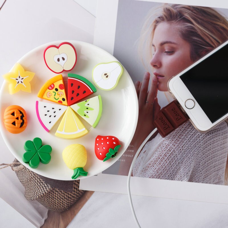 Zachte Leuke Cartoon Fruit Kabel Bite Telefoon Oplader Kabel Protector Cord Data Line Cover Versieren Smartphone Draad Accessoires