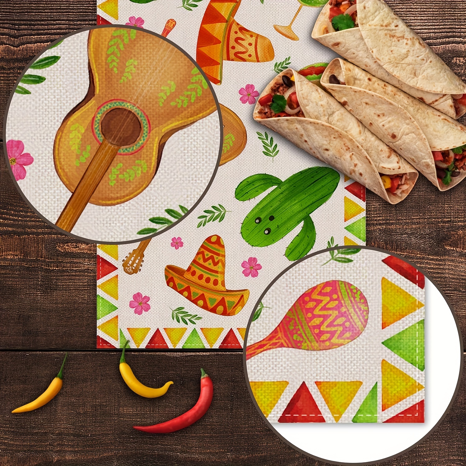 1 pc löpare i linnetyg med cinco de mayo-tema, perfekt för fester vid köksbordet och en livfull, festlig mexikansk stil.