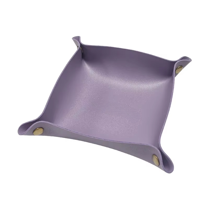 Caja de almacenamiento de cuero nórdico, bandeja de almacenamiento de escritorio, joyería, cesta de almacenamiento de llaves y cosméticos, estuche de almacenamiento plegable, organizador de mesa: Morado