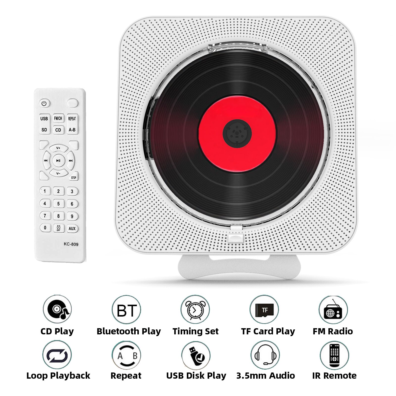 Cd player para parede com controle remoto, tocador de cd portátil, bluetooth, estéreo, cd, player de música, tela led, ir, rádio fm