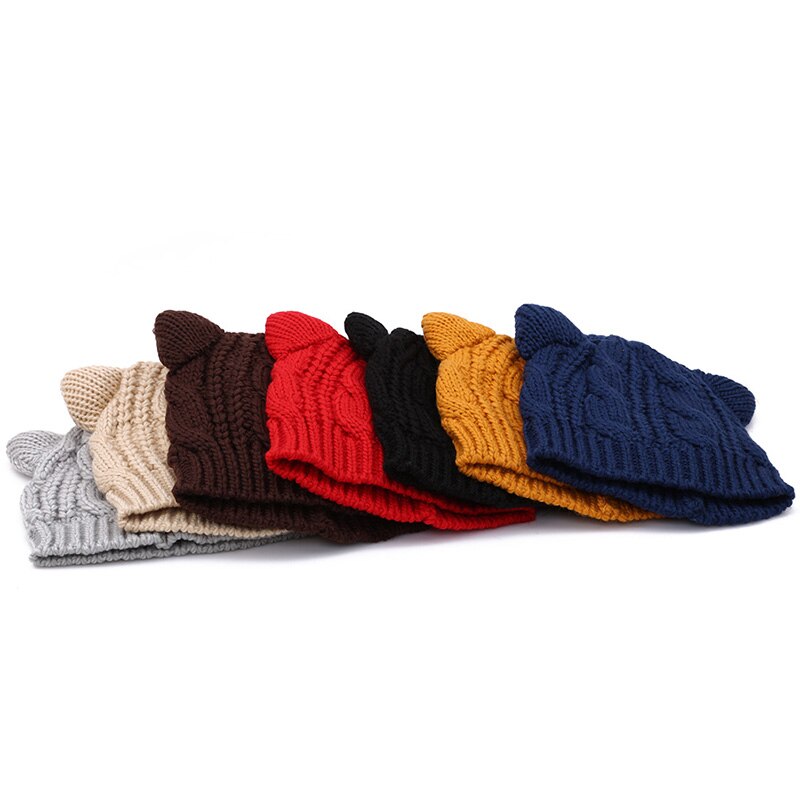 Gorro con orejas de gato y cuernos de diablo para mujer, gorra tejida a ganchillo, gorros de lana tejidos a la , gorros cálidos para invierno y otoño