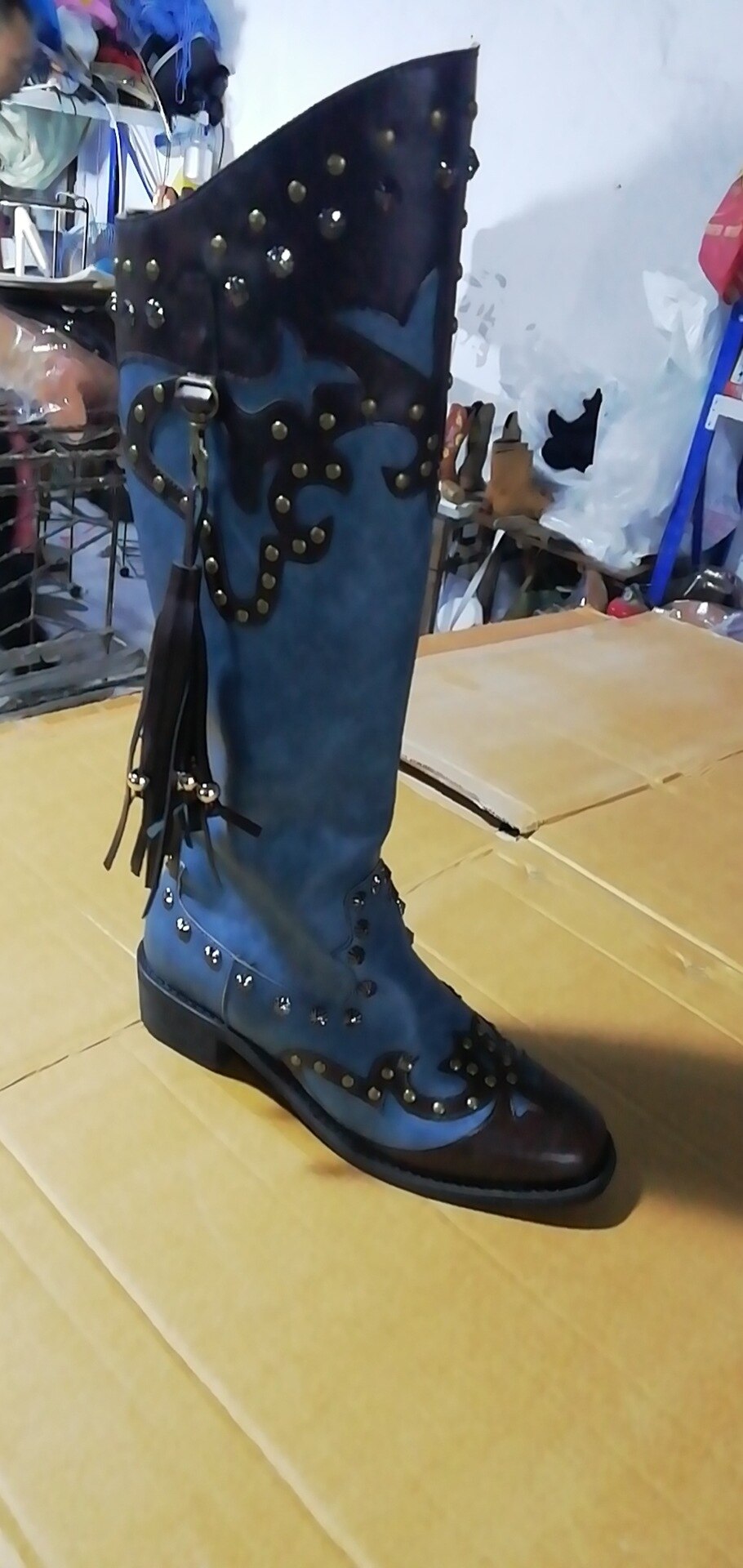 Vintage Riding Boots Women Tassel Punk Cowboy Boots Rivet Autumn Female Tall Boots Thick Heel: 35