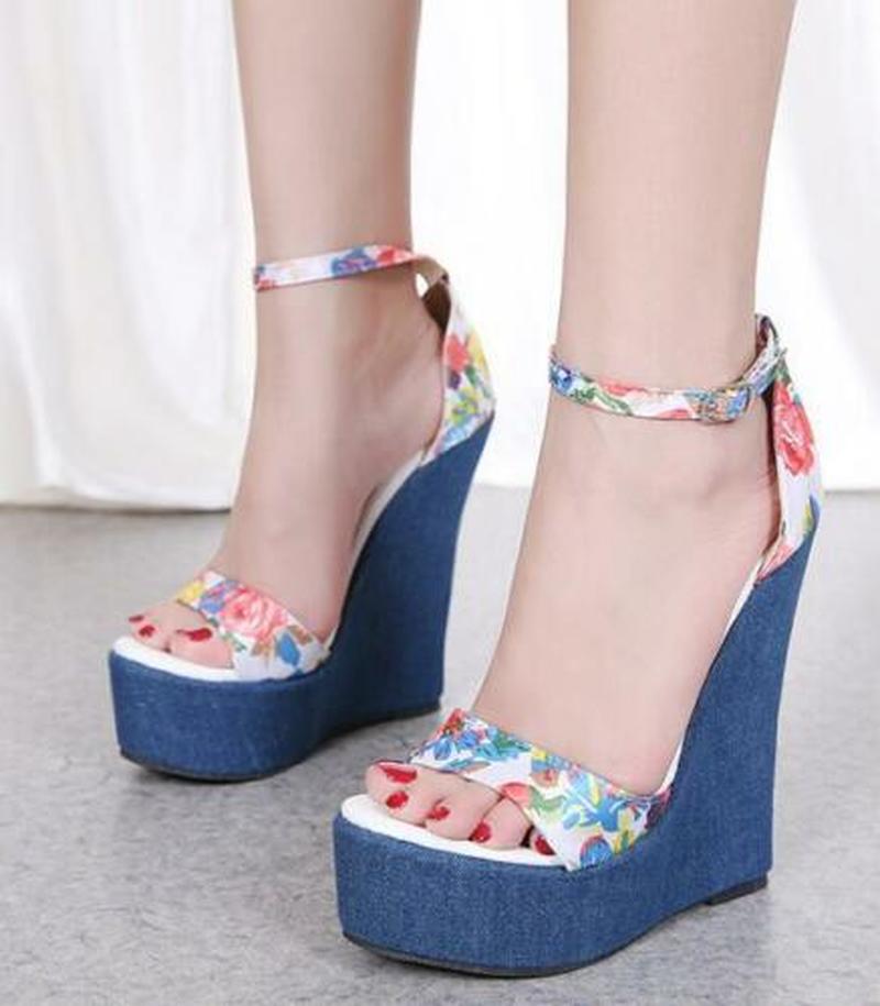 Womens Super High Wedge Platform Denim Jeans Heels Floral Printed Ankle Strap Sandals Shoes 16cm Pumps Roman Peep Toe B70