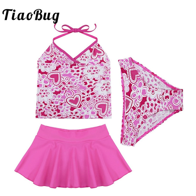 TiaoBug Kids Teens Pink Halter Swim Tops met Slips Rok Bikini Set Meisjes Beachwear Tankini Badmode Badpak Badpak