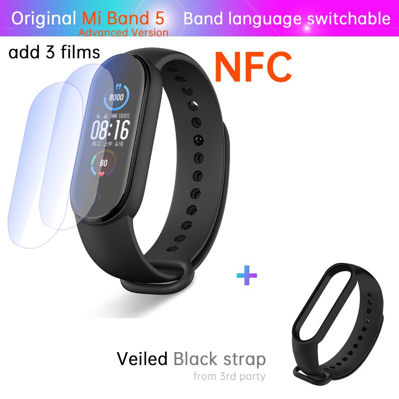 Xiaomi-pulsera inteligente Mi Band 5 con NFC, brazalete para el estrés, control del ritmo cardíaco, sueño, pasos, natación, deporte, alarma: NFC n film black