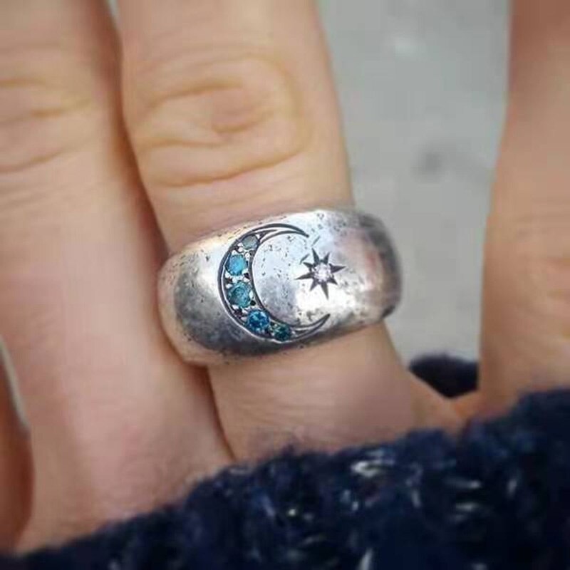 Glamour Retro Moon Star Ring Blauw Strass Dames Ring Mode Etnische Stijl Meisje Ring Sieraden