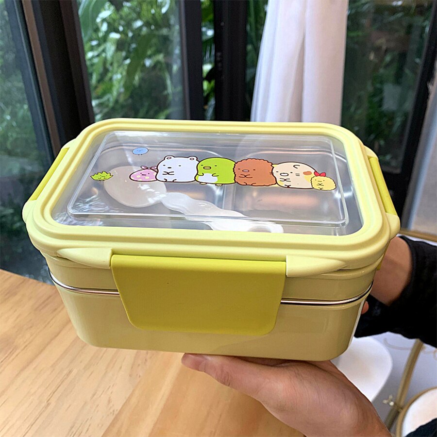 Draagbare Roestvrij Staal Lunchbox Dubbele Laag Cartoon Voedsel Container Doos Magnetron Bento Box Voor Kinderen Kinderen Picknick School