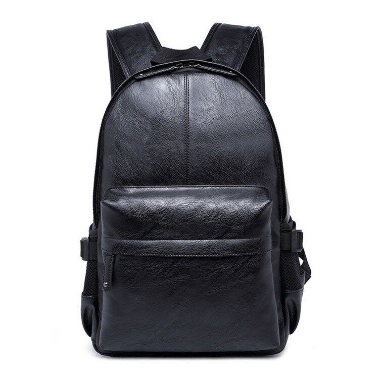 Casual Leather Book Bag Male Black Backpacks Men Backpack Leather School Backpack Bag Waterproof Travel Bag: Black