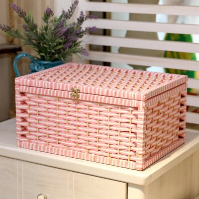 Rustieke Geweven Mand Papier Opbergdoos Met Deksel Handgemaakte Home Organisatie En Opslag Gebreide Desktop Rieten Manden: pink white strip / 30x20x13cm